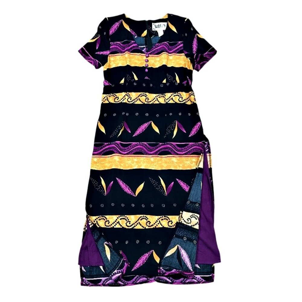 Vintage 80s 90s Maxi Bohemian Dress Size 14 Purple Gold Mixed Print Artsy Indie